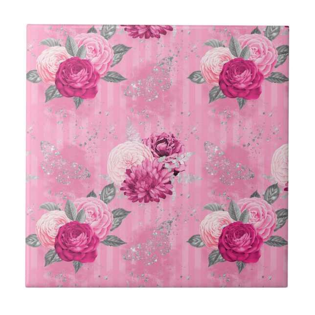 Vintage Steampunk Rosa ros och Silver Glitter Kakelplatta (Framsidan)