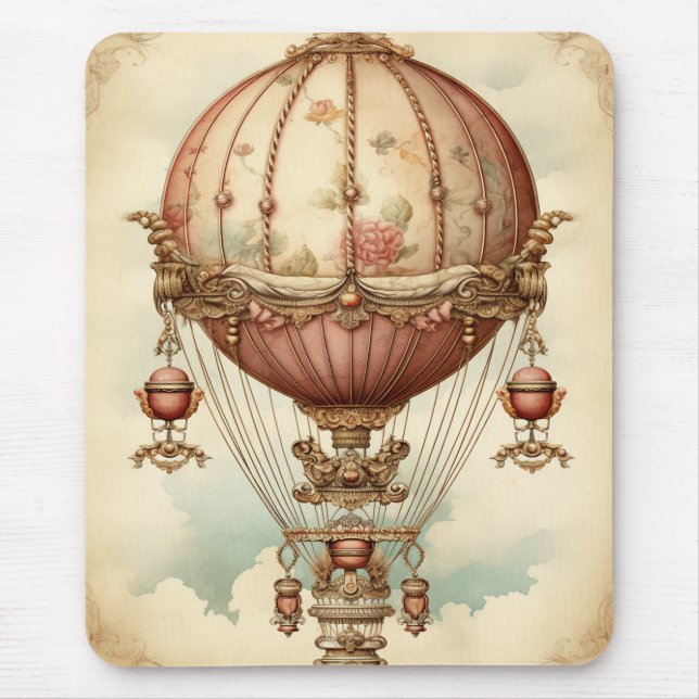 Vintage Steampunk Rosa Varm Luft Ballong Musmatta (Framsidan)