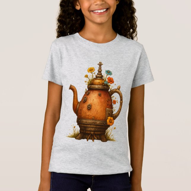 Vintage Steampunk Tekanna Blommig Konst T Shirt (Framsida)