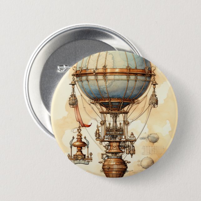 Vintage Steampunk Varm Luft Ballong (3) Knapp (Framsida & baksida)