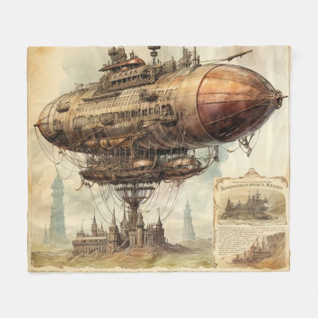 Vintage Steampunk Zeppelin (10) Fleecefilt (Framsidan (Horisontell))