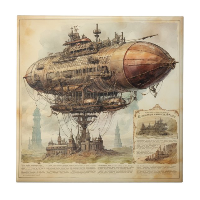 Vintage Steampunk Zeppelin (10) Kakelplatta (Framsidan)