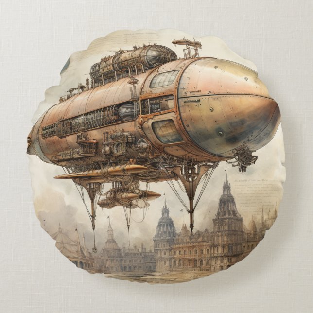 Vintage Steampunk Zeppelin (12) Handlingspapper Rund Kudde (Framsidan)