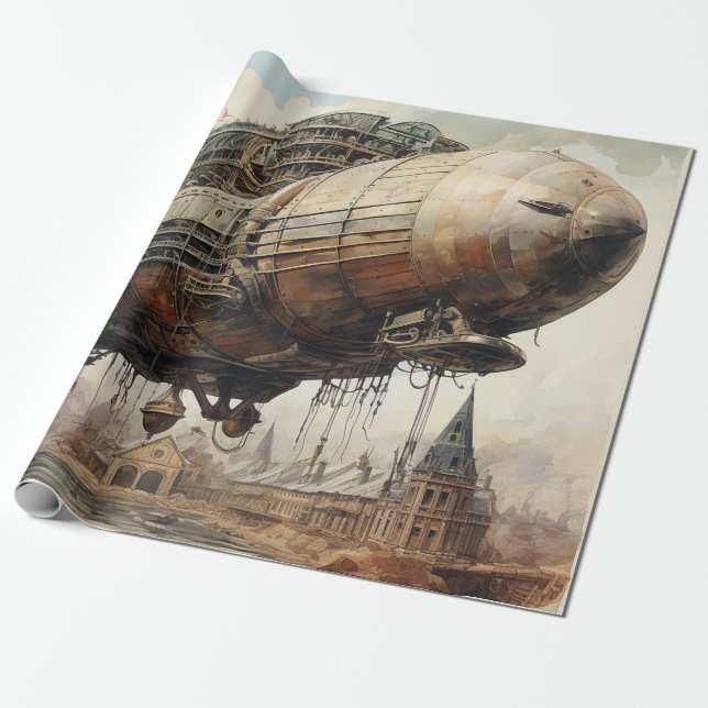 Vintage Steampunk Zeppelin (2) Presentpapper (Utrullad)