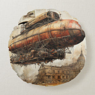 Vintage Steampunk Zeppelin (3) Rund Kudde
