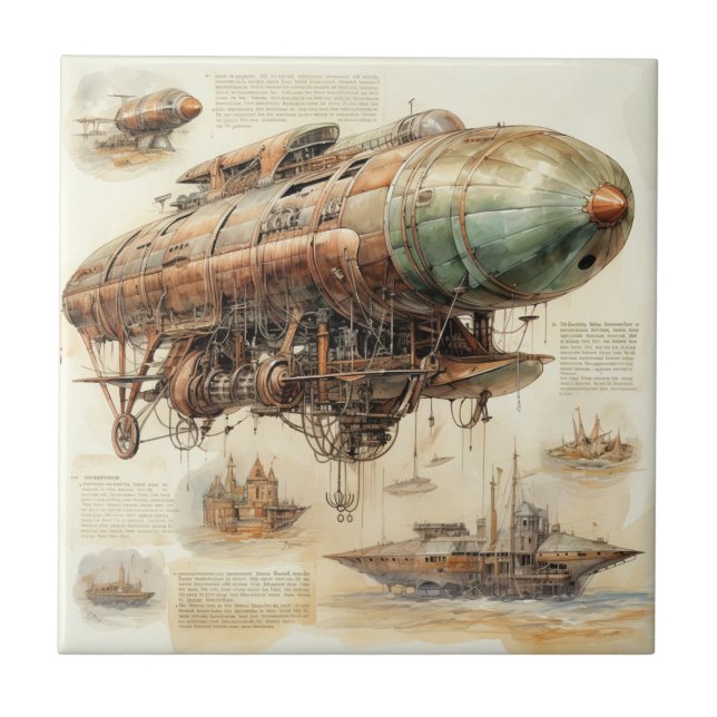 Vintage Steampunk Zeppelin (4) Kakelplatta (Framsidan)