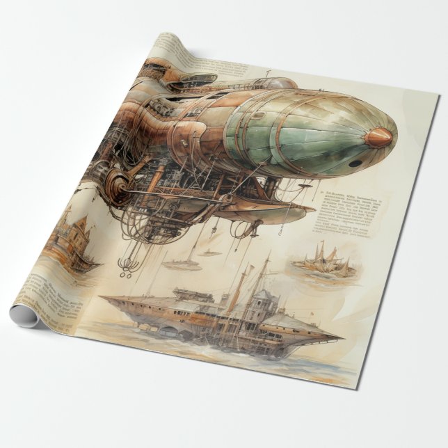 Vintage Steampunk Zeppelin (4) Presentpapper (Utrullad)