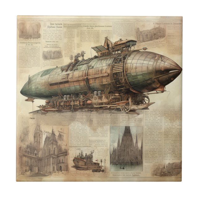Vintage Steampunk Zeppelin (5) Kakelplatta (Framsidan)