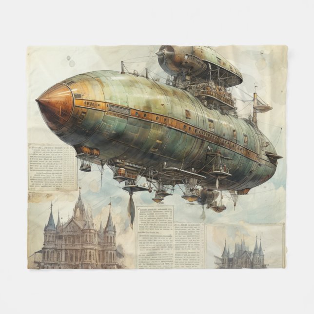 Vintage Steampunk Zeppelin (7) Fleecefilt (Framsidan (Horisontell))