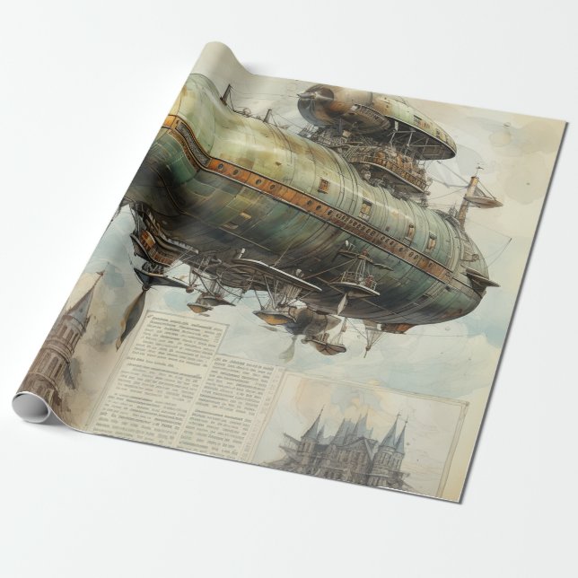 Vintage Steampunk Zeppelin (7) Presentpapper (Utrullad)