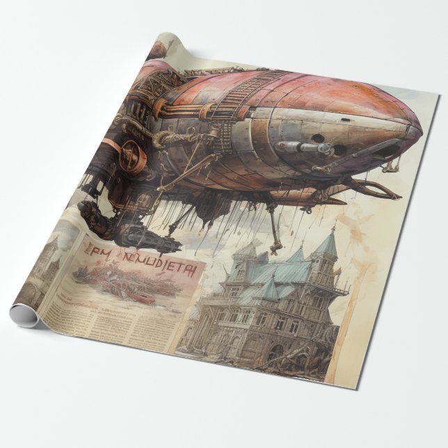 Vintage Steampunk Zeppelin (9) Presentpapper (Utrullad)