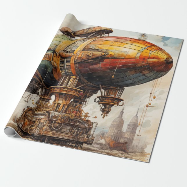 Vintage Steampunk Zeppelin Presentpapper (Utrullad)