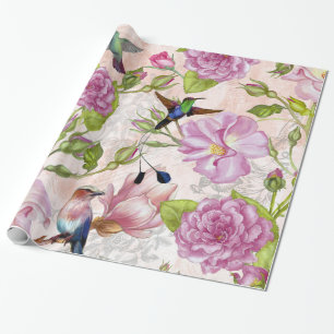 Vintage steg blomma- & Hummingbirdsmönster Presentpapper