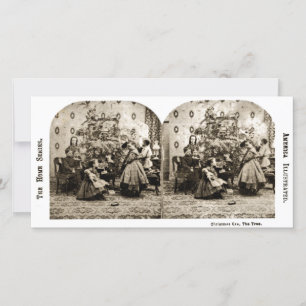 Vintage Stereoview - Kväll jul vid Träd Julkort