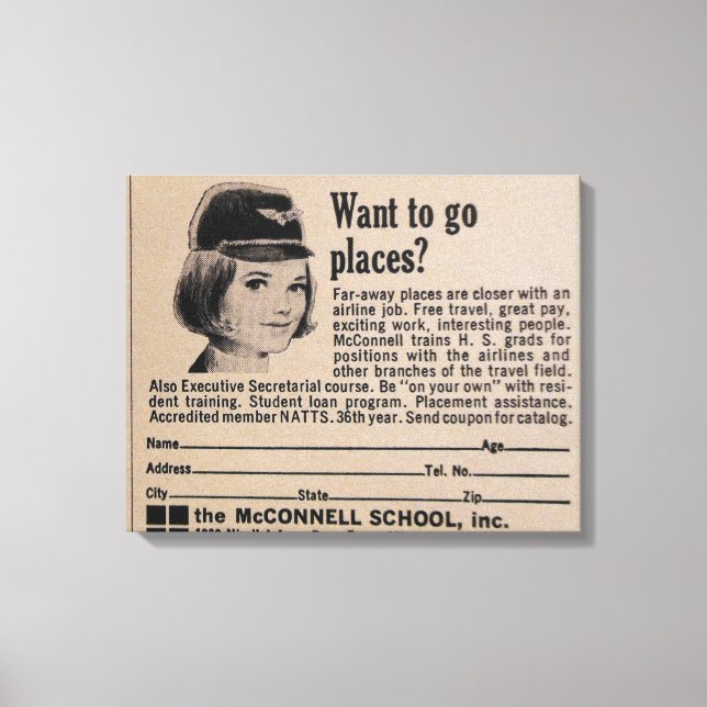 Vintage Stewardes Airline Career Canvastryck (Framsida)