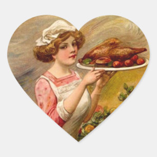 Vintage Sticker Thanksgiving Middag Dam w/Turkiet Hjärtformat Klistermärke