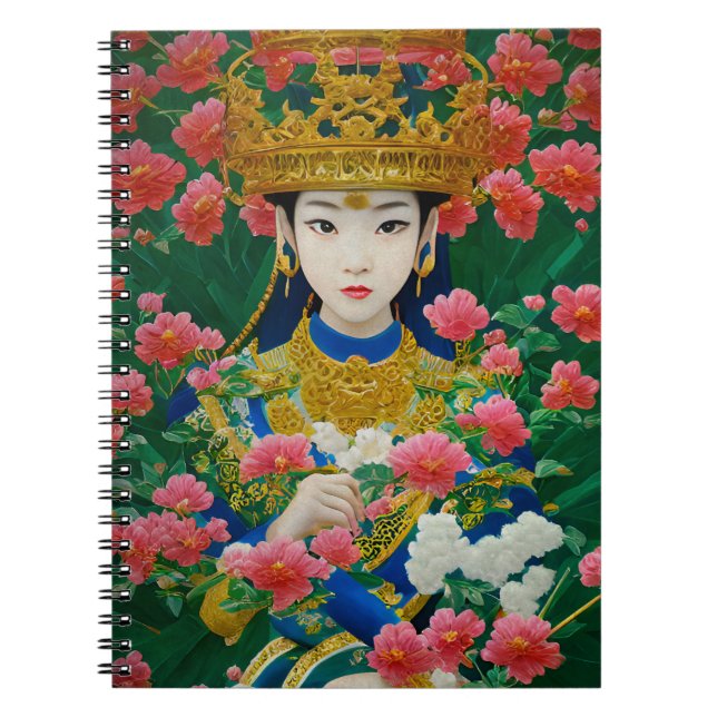 Vintage Stil Abstrakt Asian Girl with Flowers Anteckningsbok (Framsidan)