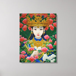 Vintage Stil Abstrakt Asian Girl with Flowers Canvastryck