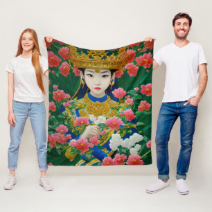 Vintage Stil Abstrakt Asian Girl with Flowers Fleecefilt