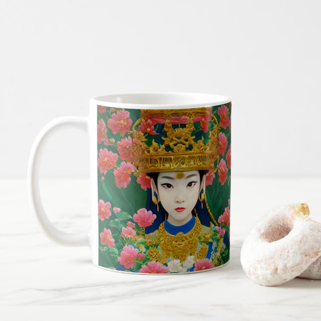 Vintage Stil Abstrakt Asian Girl with Flowers Kaffemugg (Med munk)