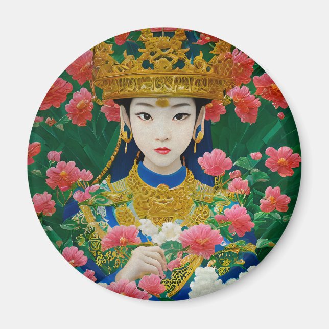 Vintage Stil Abstrakt Asian Girl with Flowers Magnet (Framsidan)