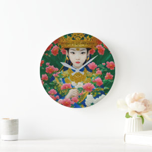 Vintage Stil Abstrakt Asian Girl with Flowers Stor Klocka