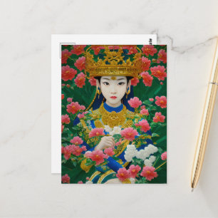Vintage Stil Abstrakt Asian Girl with Flowers Vykort
