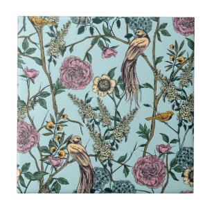 Vintage-stil blå färg botaniskt mönster kakelplatta