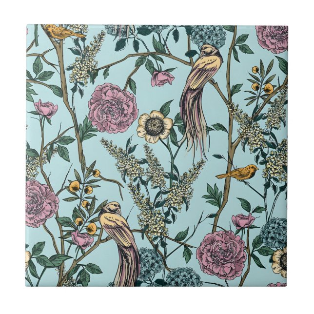 Vintage-stil blå färg botaniskt mönster kakelplatta (Framsidan)