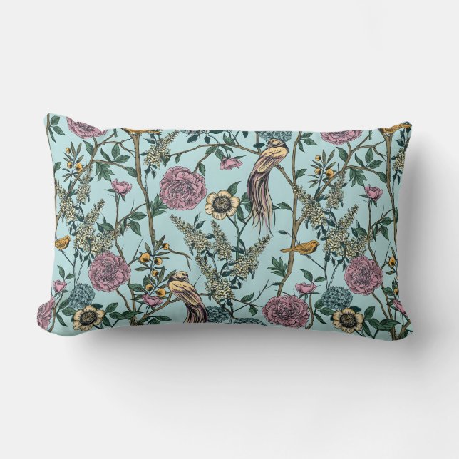 Vintage-stil blå färg botaniskt mönster lumbarkudde (Framsida)