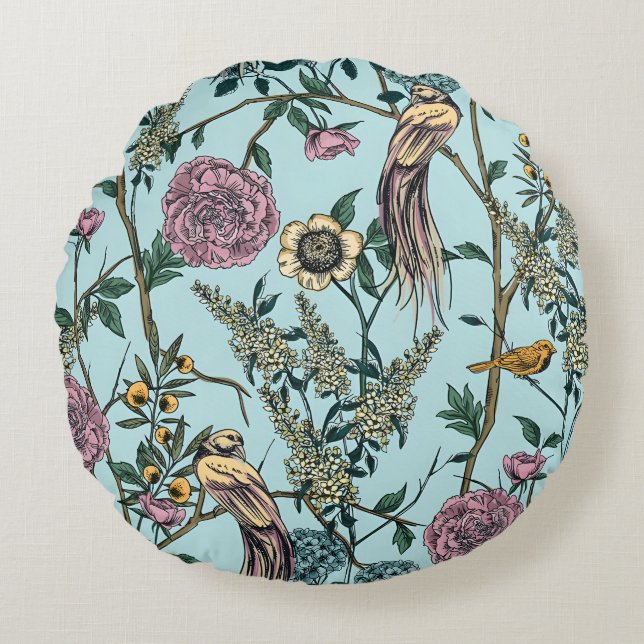 Vintage-stil blå färg botaniskt mönster rund kudde (Framsidan)
