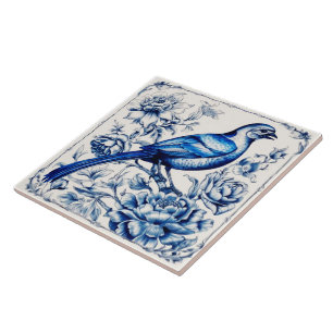Vintage Stil Blue Delft Bird Ceramic Tile. Kakelplatta