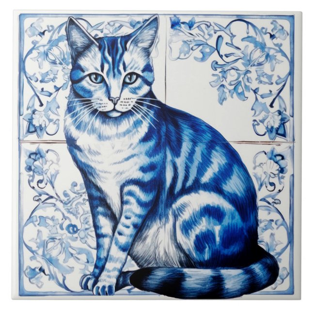 Vintage Stil Blue Delft Cat Ceramic Tile. Kakelplatta (Framsidan)