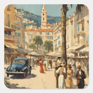Vintage Stil Cannes Fransk Travel Watercolor Fyrkantigt Klistermärke