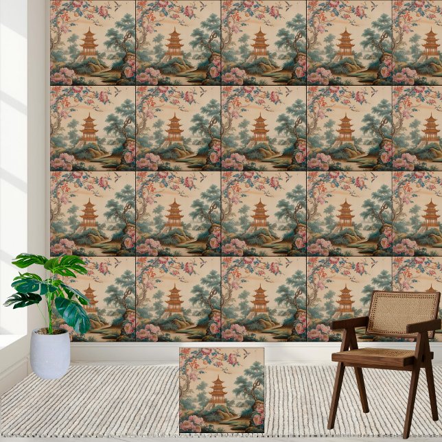 Vintage Stil Chinoiserie Garden Scene Tile Kakelplatta (Vintage Style Chinoiserie Garden Scene Tile)