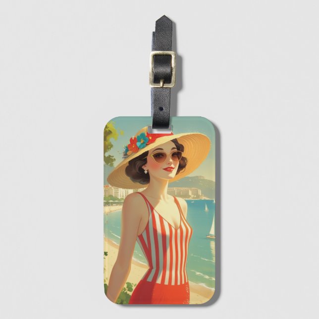 Vintage Stil Cote D'Azur Beach Girl Bagagebricka (Framsida vertikal)
