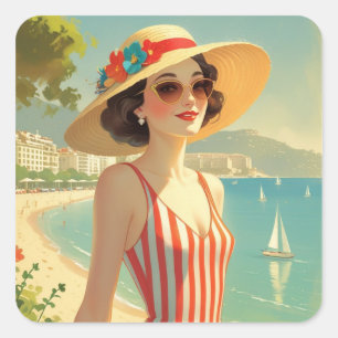 Vintage Stil Cote D'Azur Beach Girl Fyrkantigt Klistermärke