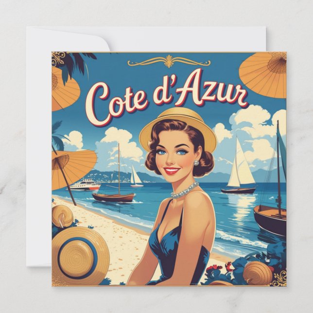 Vintage Stil Cote D'Azur Beach Girl Julkort (Framsida)
