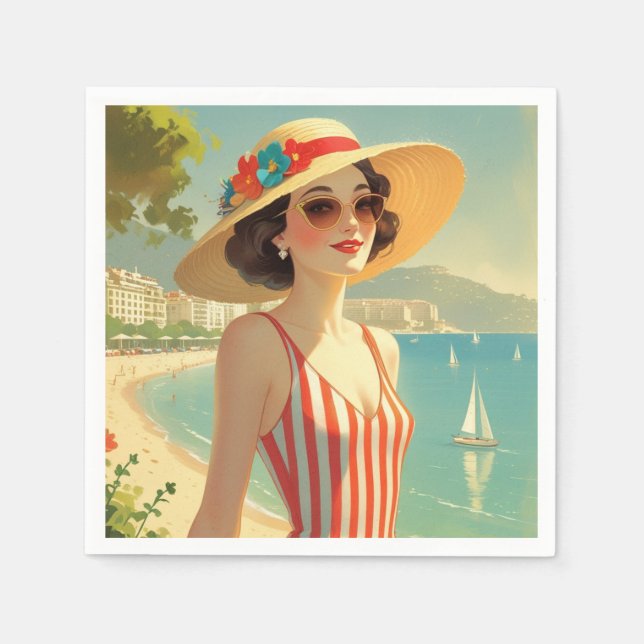 Vintage Stil Cote D'Azur Beach Girl Pappersservett (Framsidan)