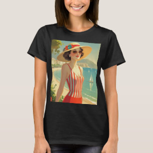 Vintage Stil Cote D'Azur Beach Girl T Shirt