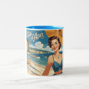 Vintage Stil Cote D'Azur Beach Girl Två-Tonad Mugg