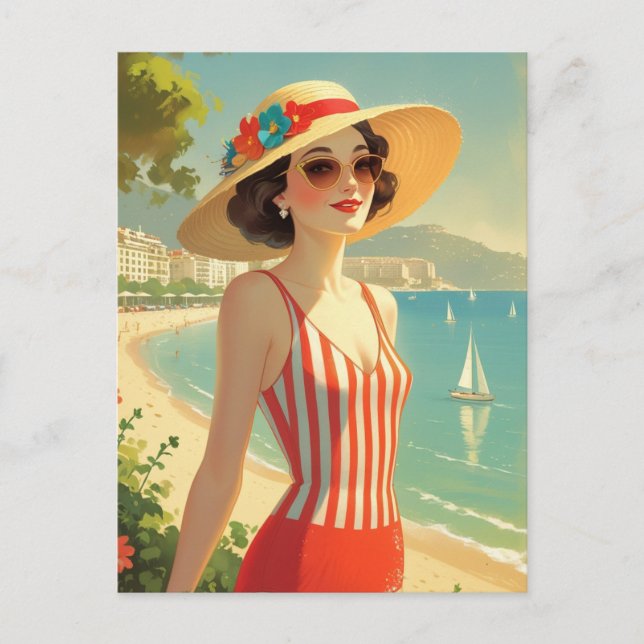 Vintage Stil Cote D'Azur Beach Girl Vykort (Framsida)