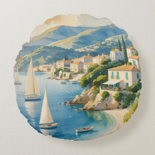 Vintage Stil Cote D'Azur Fransk Travel Rund Kudde