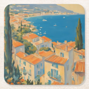 Vintage Stil Cote D'Azur Fransk Travel Watercolor Underlägg Papper Kvadrat