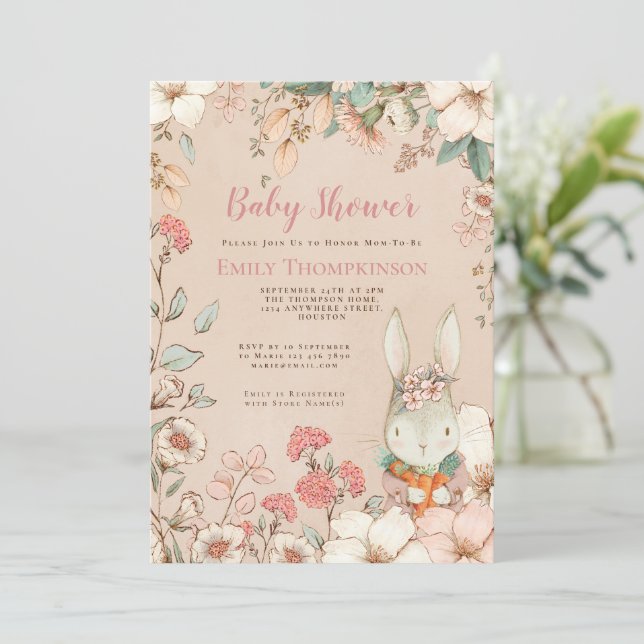 Vintage Stil Cute Bunny Blommigts Baby Shower Inbjudningar (Stående Fram)