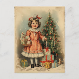 Vintage Stil Cute Girl med julklapp Helg Vykort