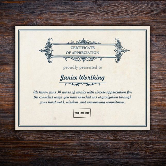 Vintage Stil Editable Employee Award Certificate (Customizable Vintage Style Long Service Award Certificate with Logo Upload
)