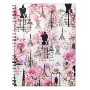 Vintage stil Eiffel Torn kollage rosa blommigt Anteckningsbok