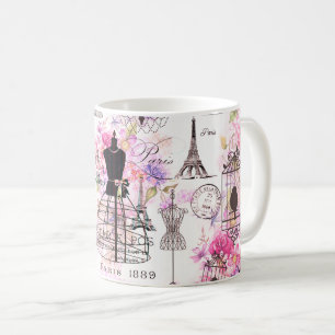 Vintage stil Eiffel Torn kollage rosa blommigt Kaffemugg