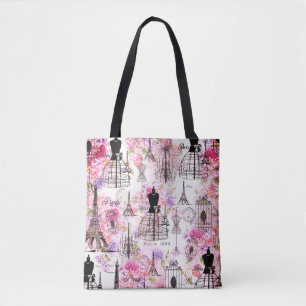 Vintage stil Eiffel Torn kollage rosa blommigt Tygkasse